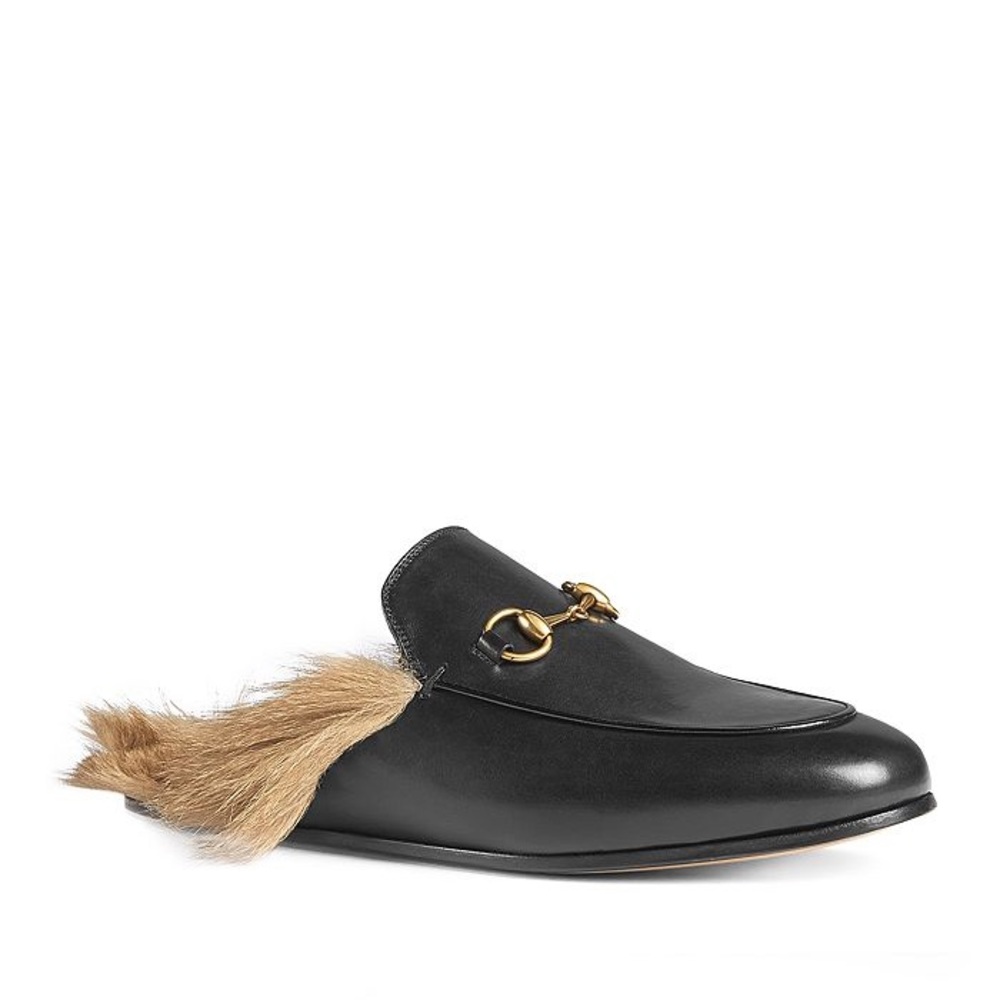 Women Gucci Princetown Fur Leather Mule Loafer